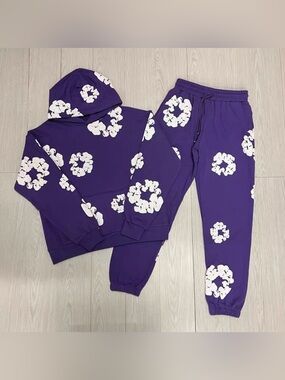 Purple Floral Print Hoodie & Jogger Set - Men's Casual Loungewear